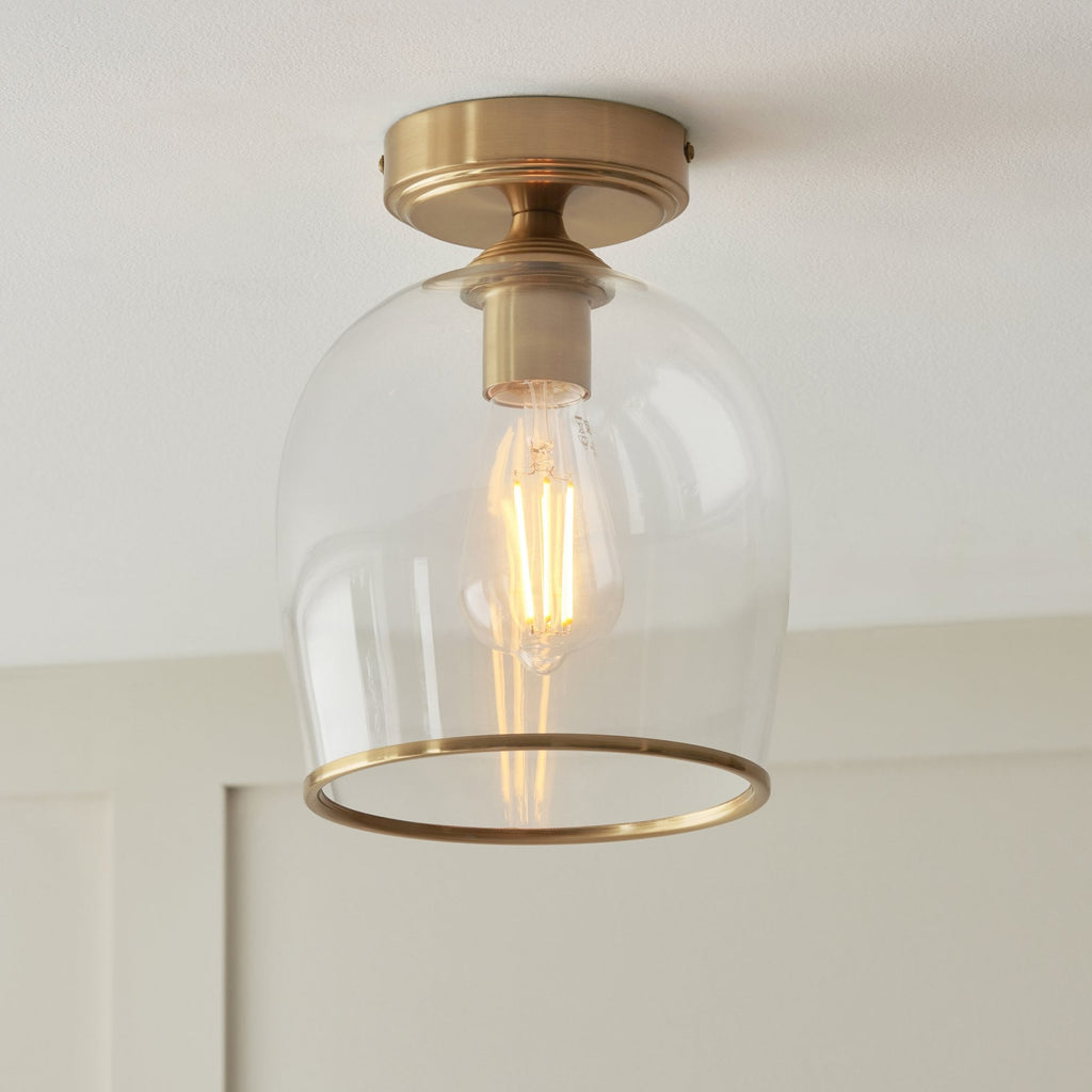 120622 Ashcroft Flush Ceiling Light Brushed Aged Brass Plate & Clear Glass