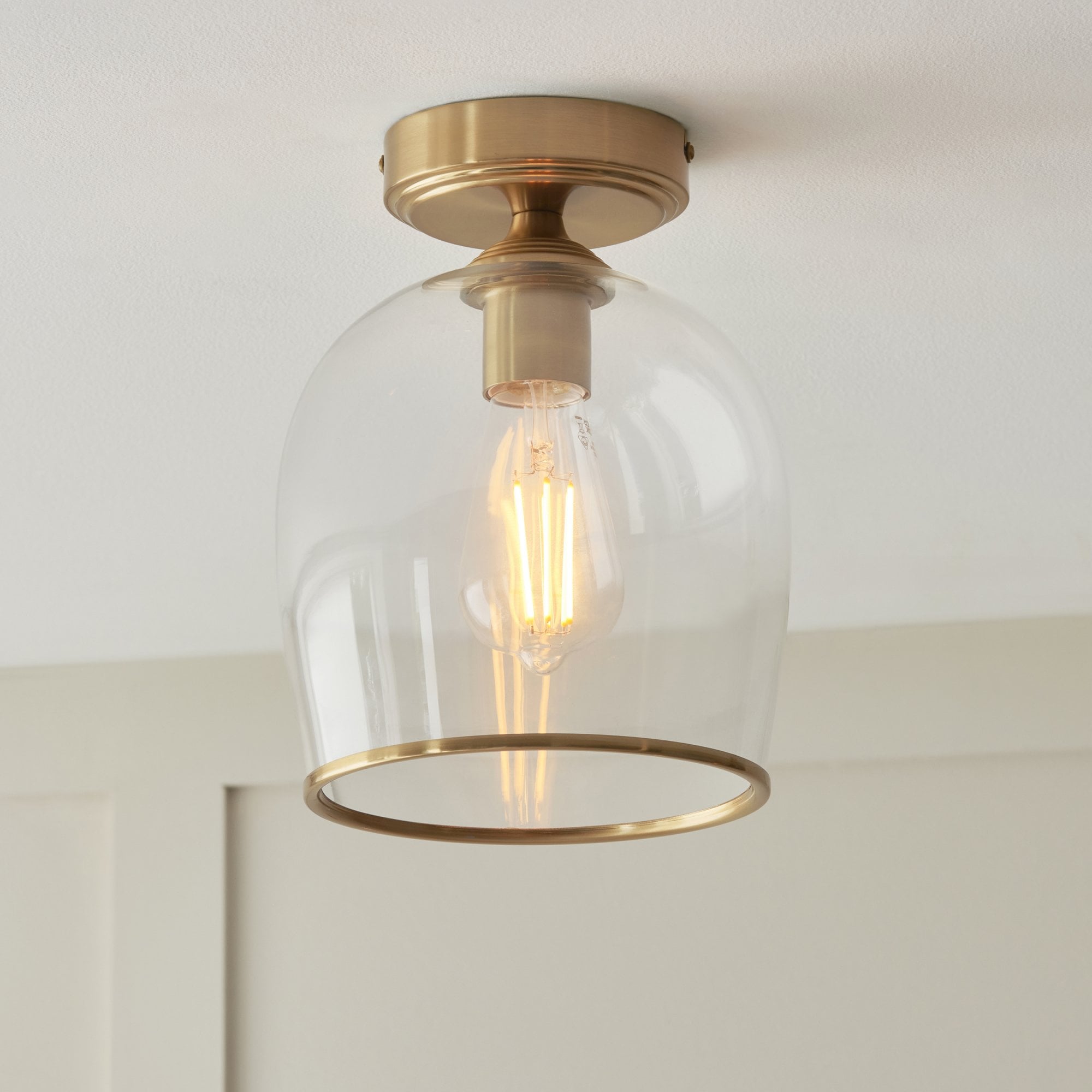 120622 Ashcroft Flush Ceiling Light Brushed Aged Brass Plate & Clear Glass