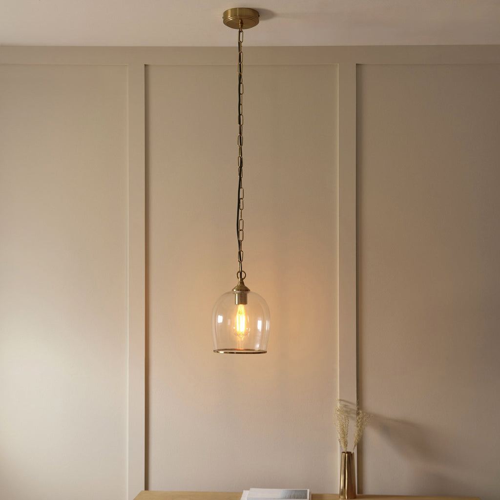 120624 Ashcroft Pendant Brushed Aged Brass Plate & Clear Glass