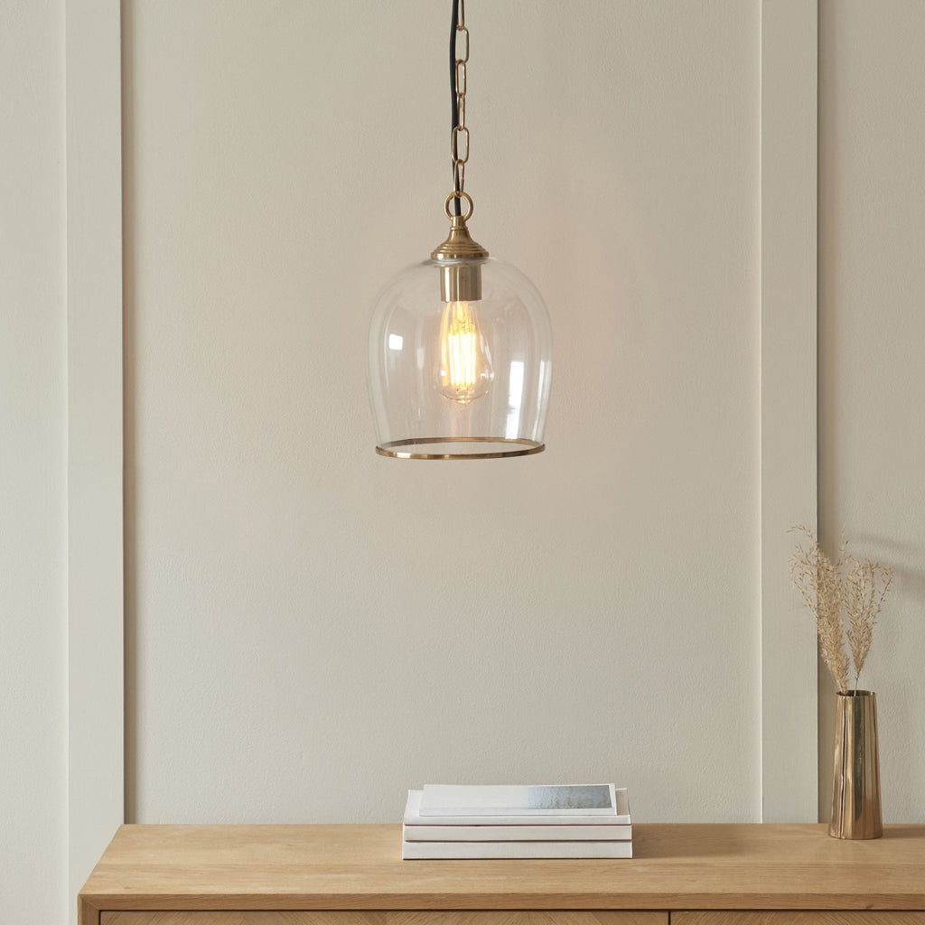 120624 Ashcroft Pendant Brushed Aged Brass Plate & Clear Glass