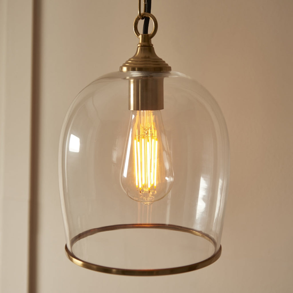 120624 Ashcroft Pendant Brushed Aged Brass Plate & Clear Glass