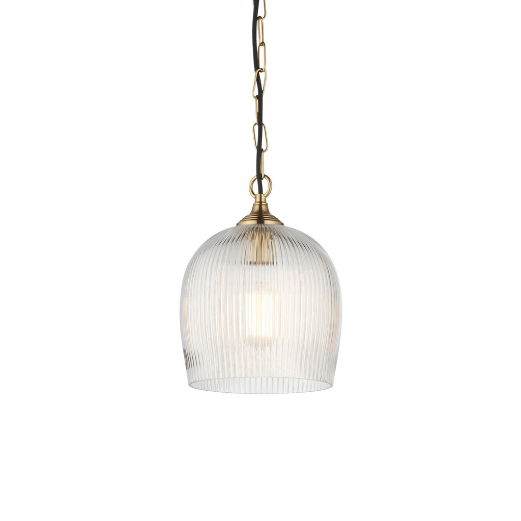 120625 Ashcroft Ribbed Pendant Brushed Aged Brass Plate & Clear Ribbed Glass