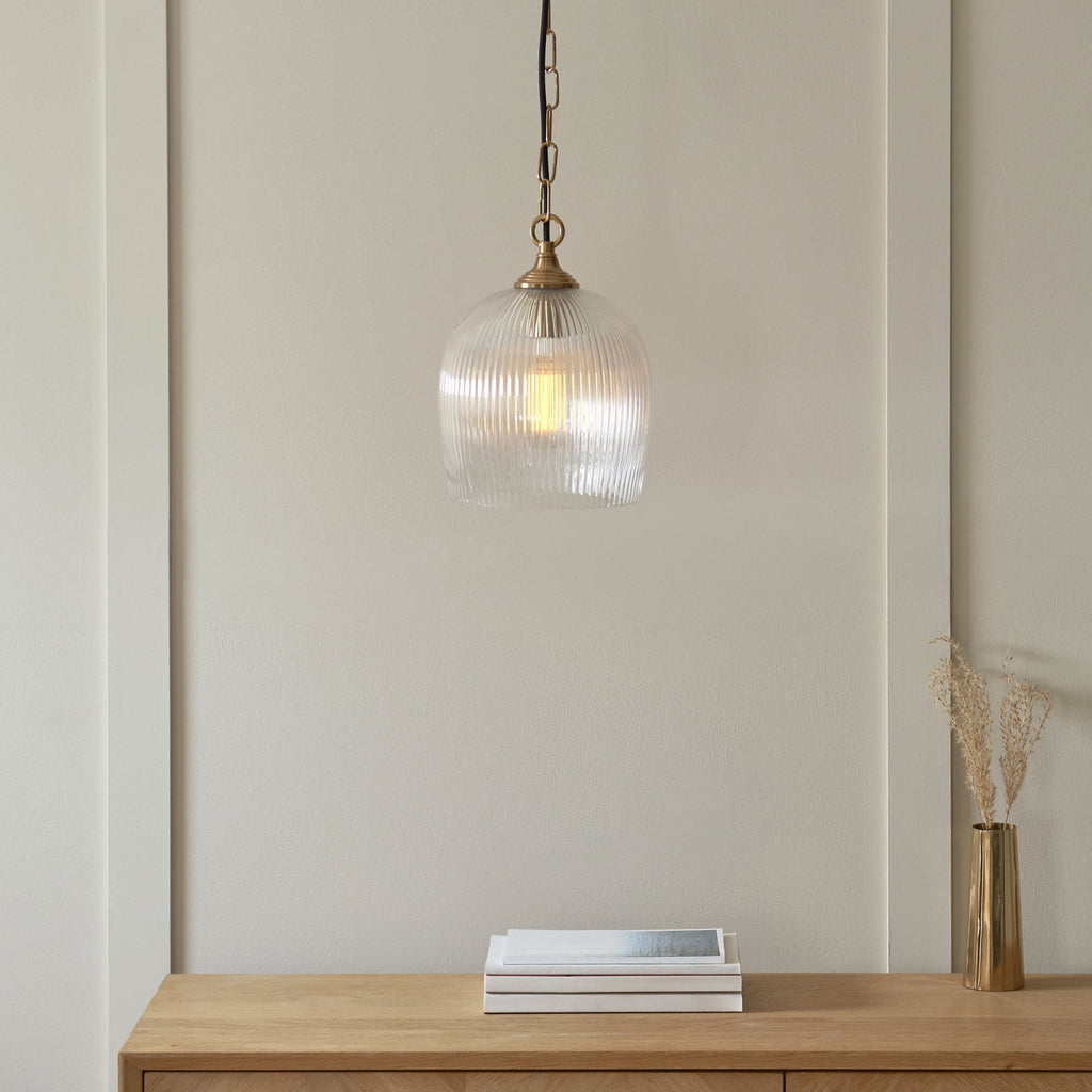 120625 Ashcroft Ribbed Pendant Brushed Aged Brass Plate & Clear Ribbed Glass
