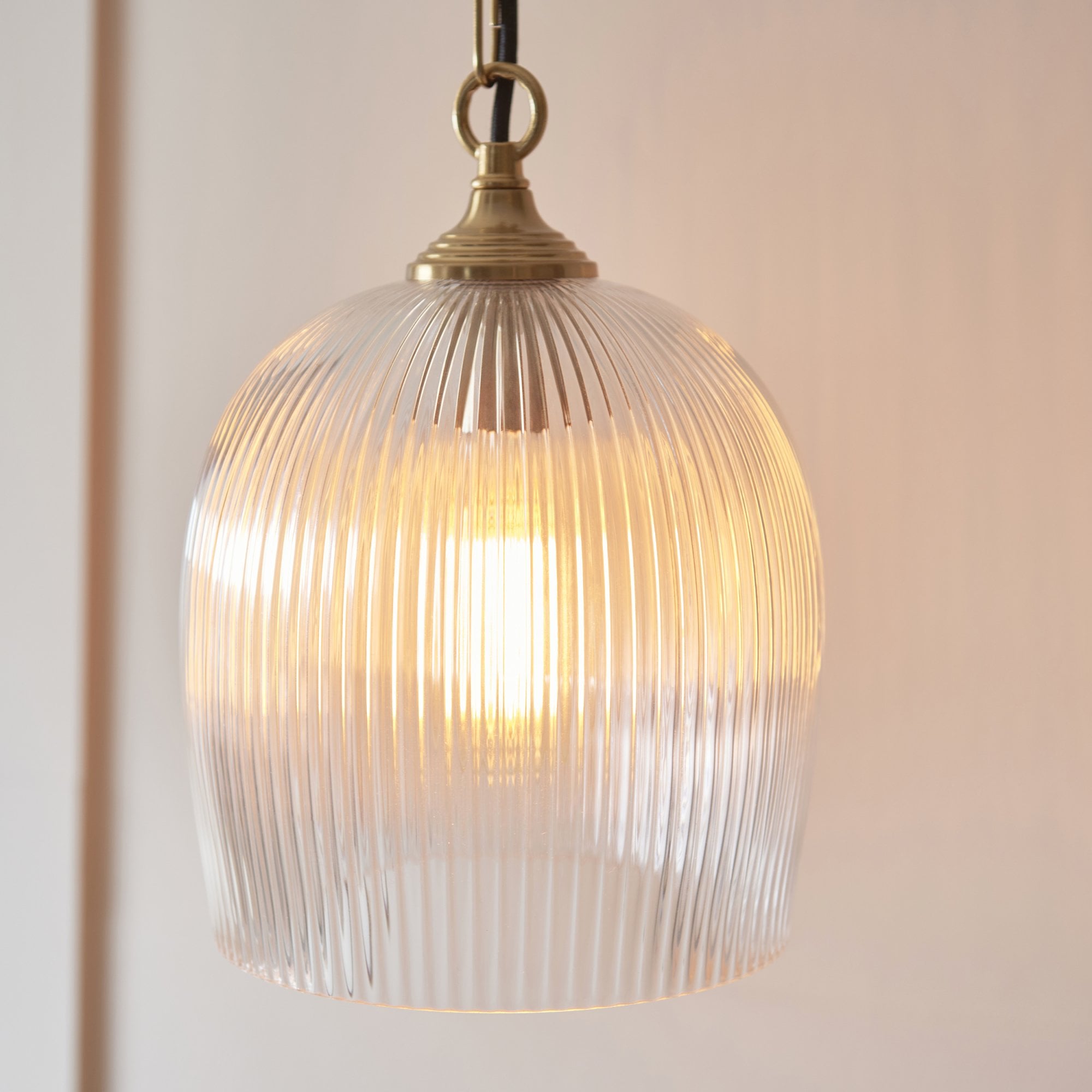 120625 Ashcroft Ribbed Pendant Brushed Aged Brass Plate & Clear Ribbed Glass