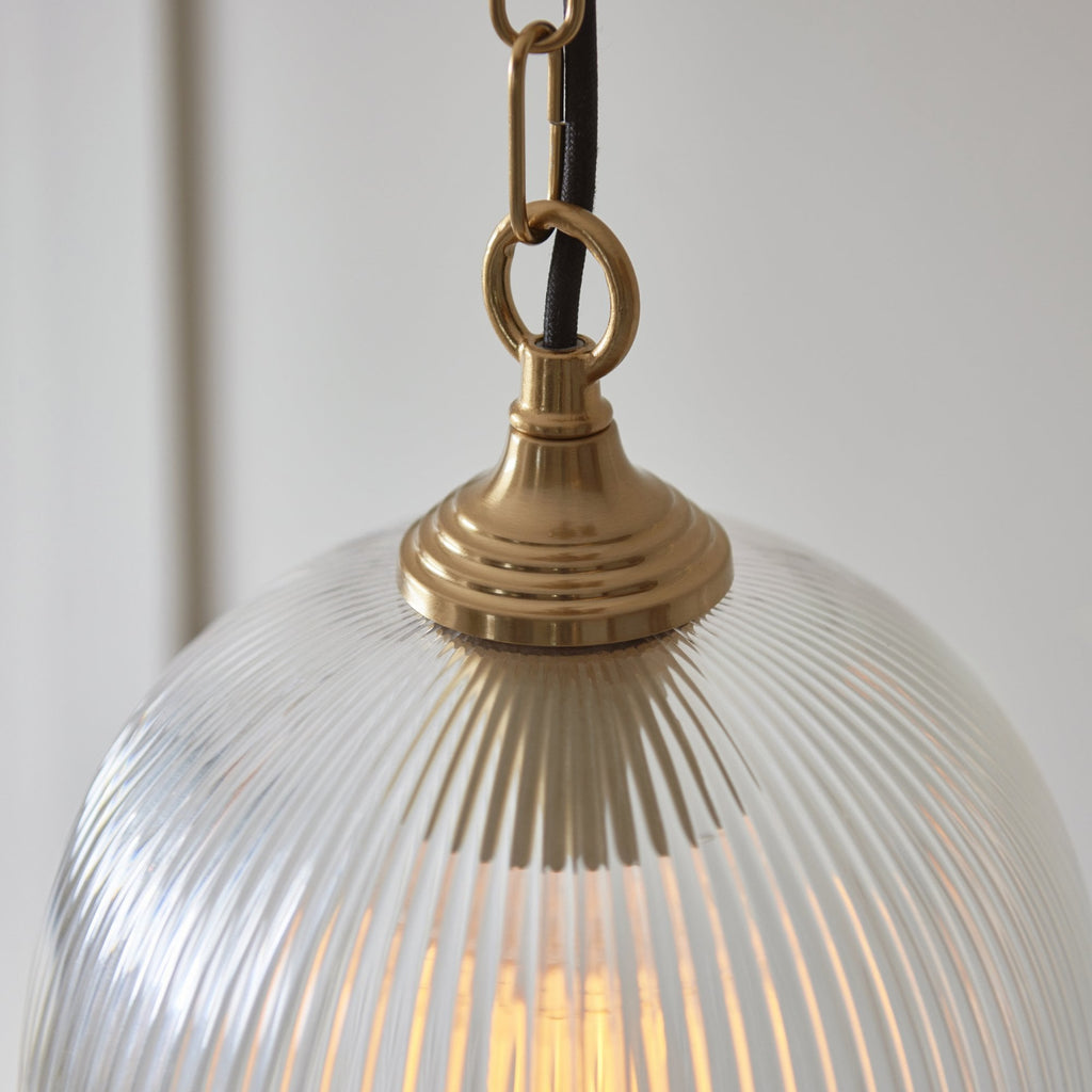 120625 Ashcroft Ribbed Pendant Brushed Aged Brass Plate & Clear Ribbed Glass