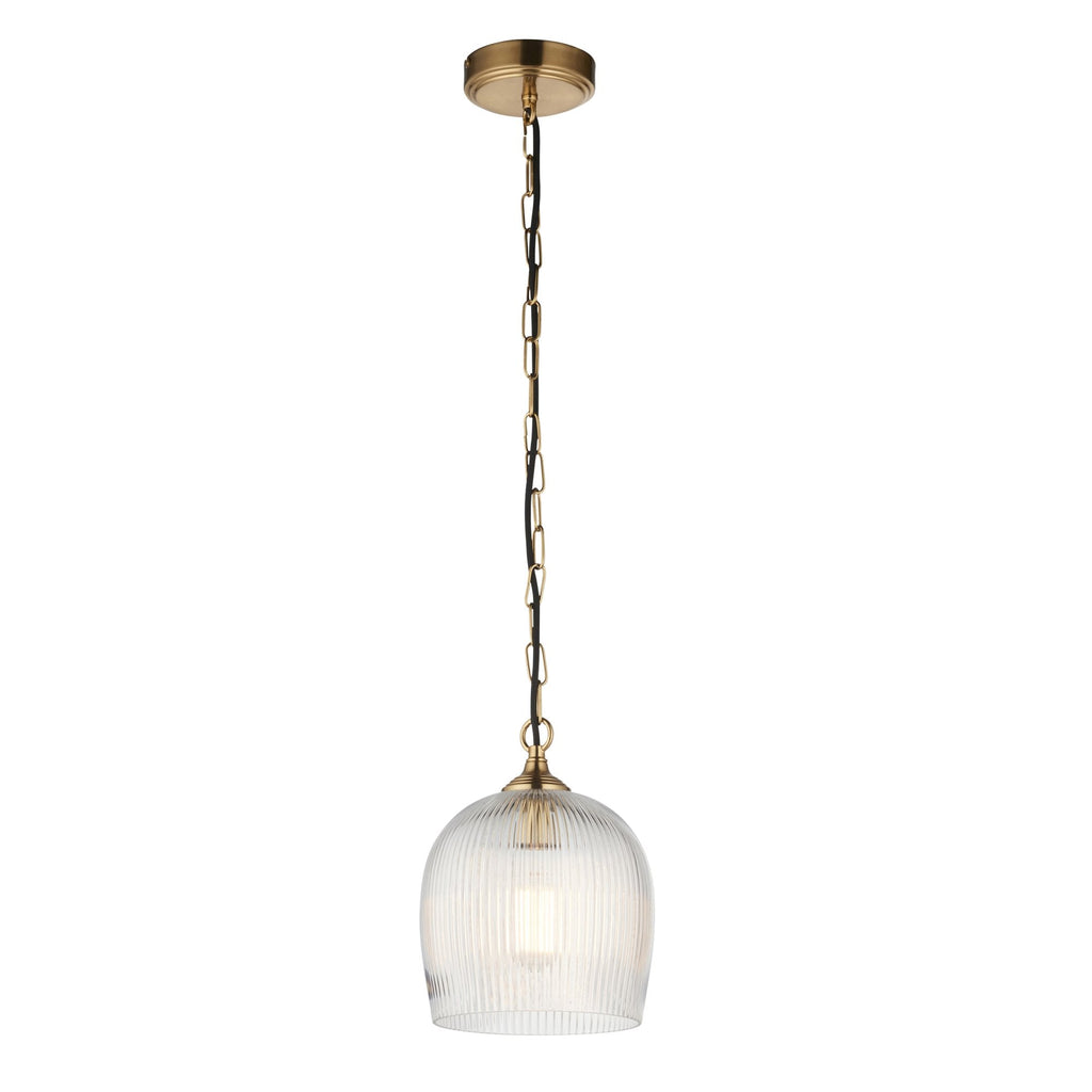 120625 Ashcroft Ribbed Pendant Brushed Aged Brass Plate & Clear Ribbed Glass