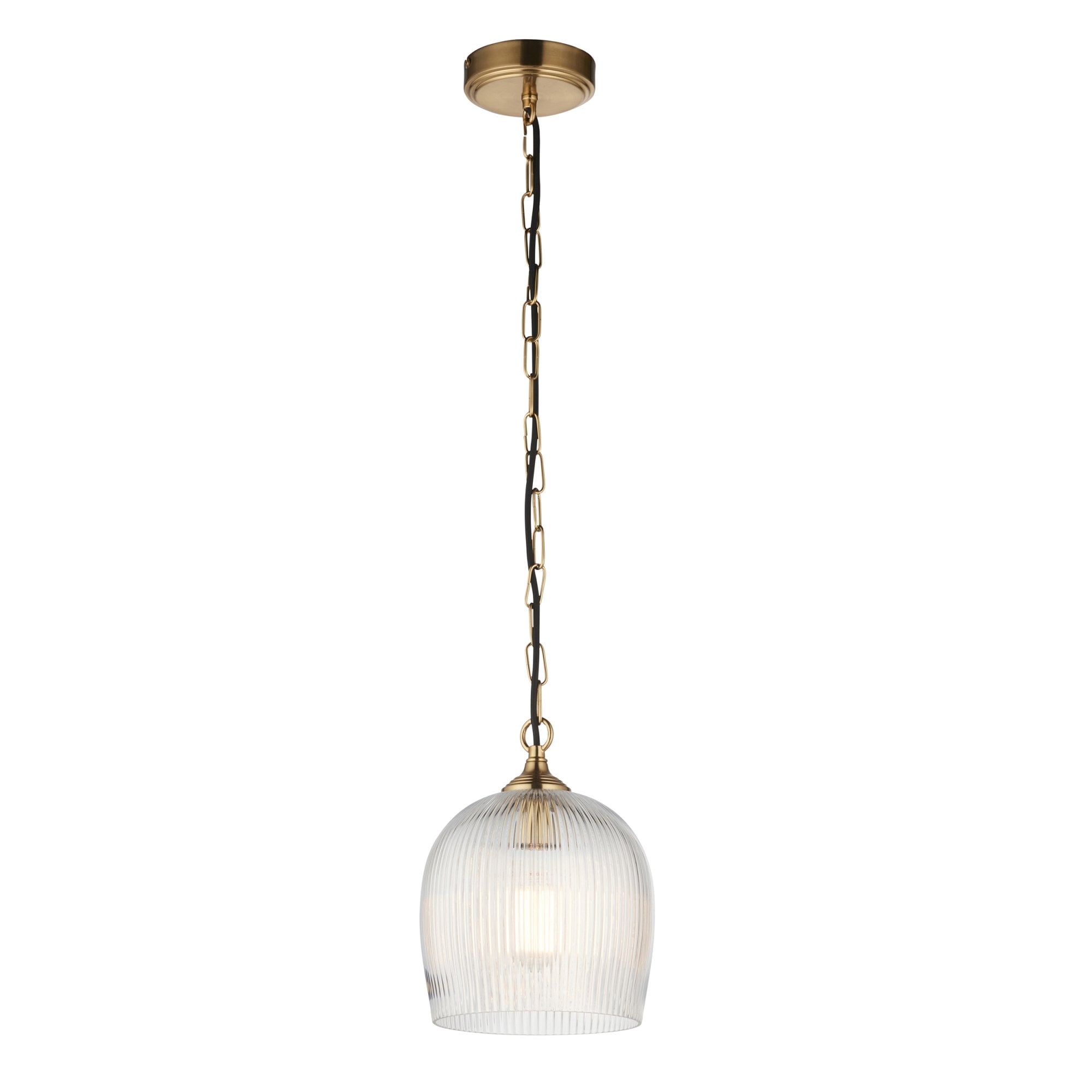 120625 Ashcroft Ribbed Pendant Brushed Aged Brass Plate & Clear Ribbed Glass