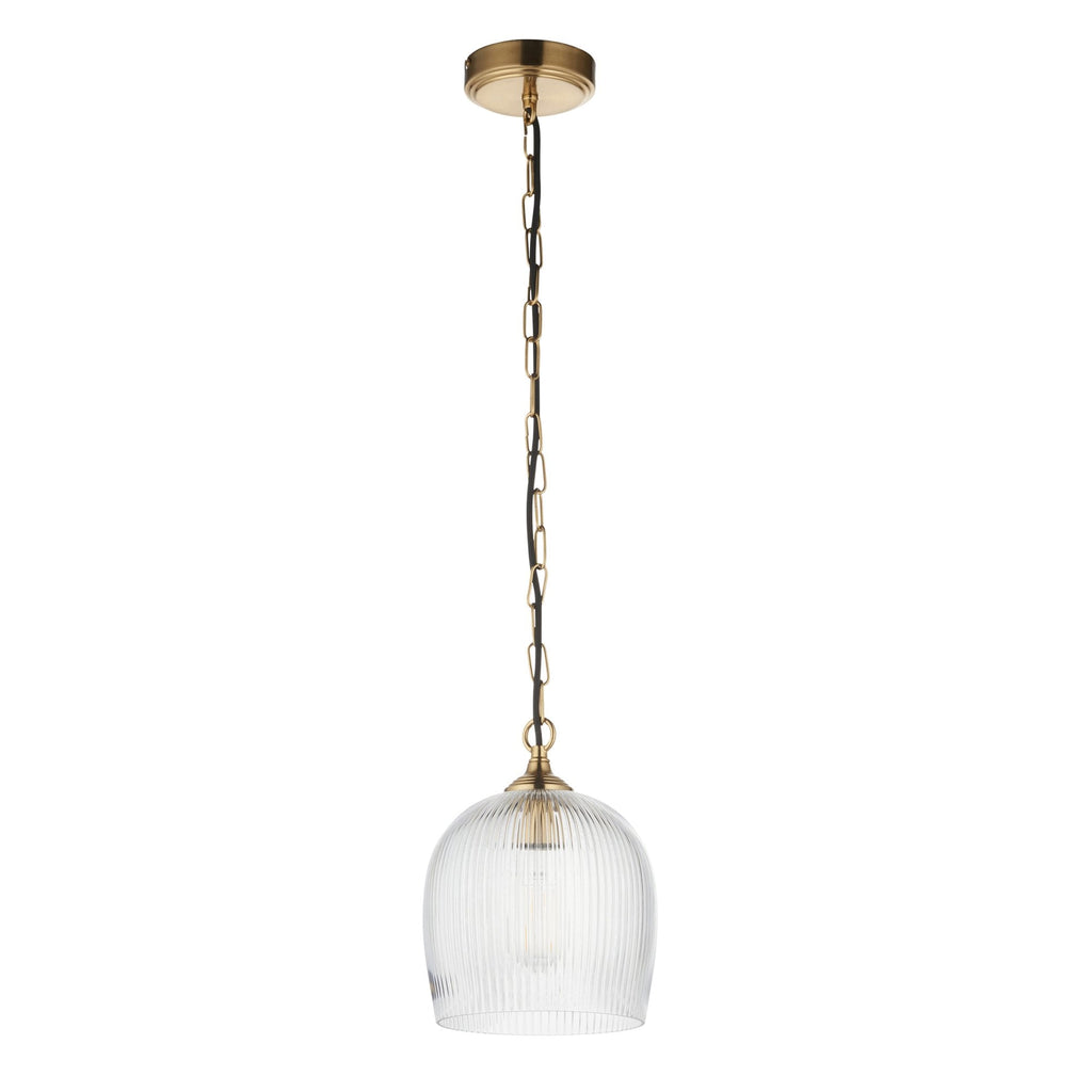 120625 Ashcroft Ribbed Pendant Brushed Aged Brass Plate & Clear Ribbed Glass