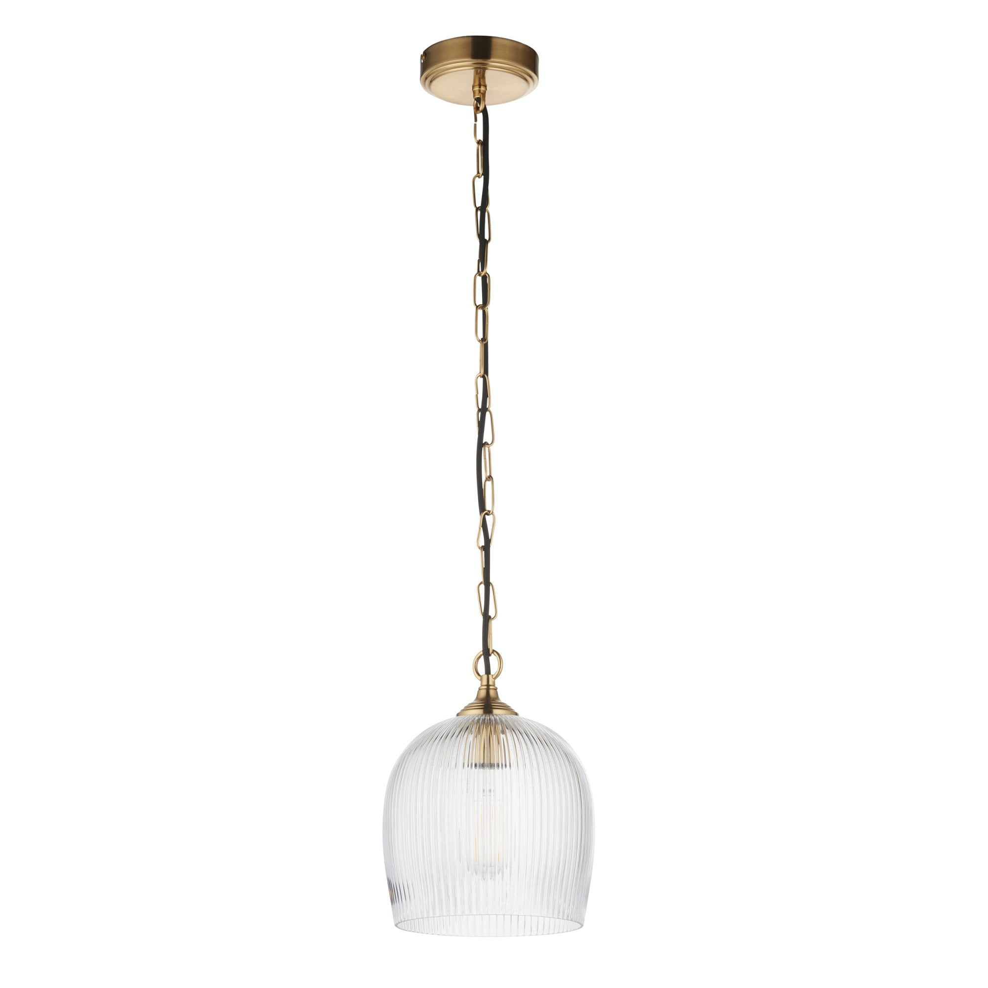 120625 Ashcroft Ribbed Pendant Brushed Aged Brass Plate & Clear Ribbed Glass