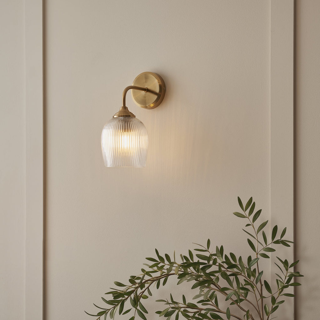120627 Ashcroft Ribbed Wall Light Brushed Aged Brass Plate & Clear Ribbed Glass