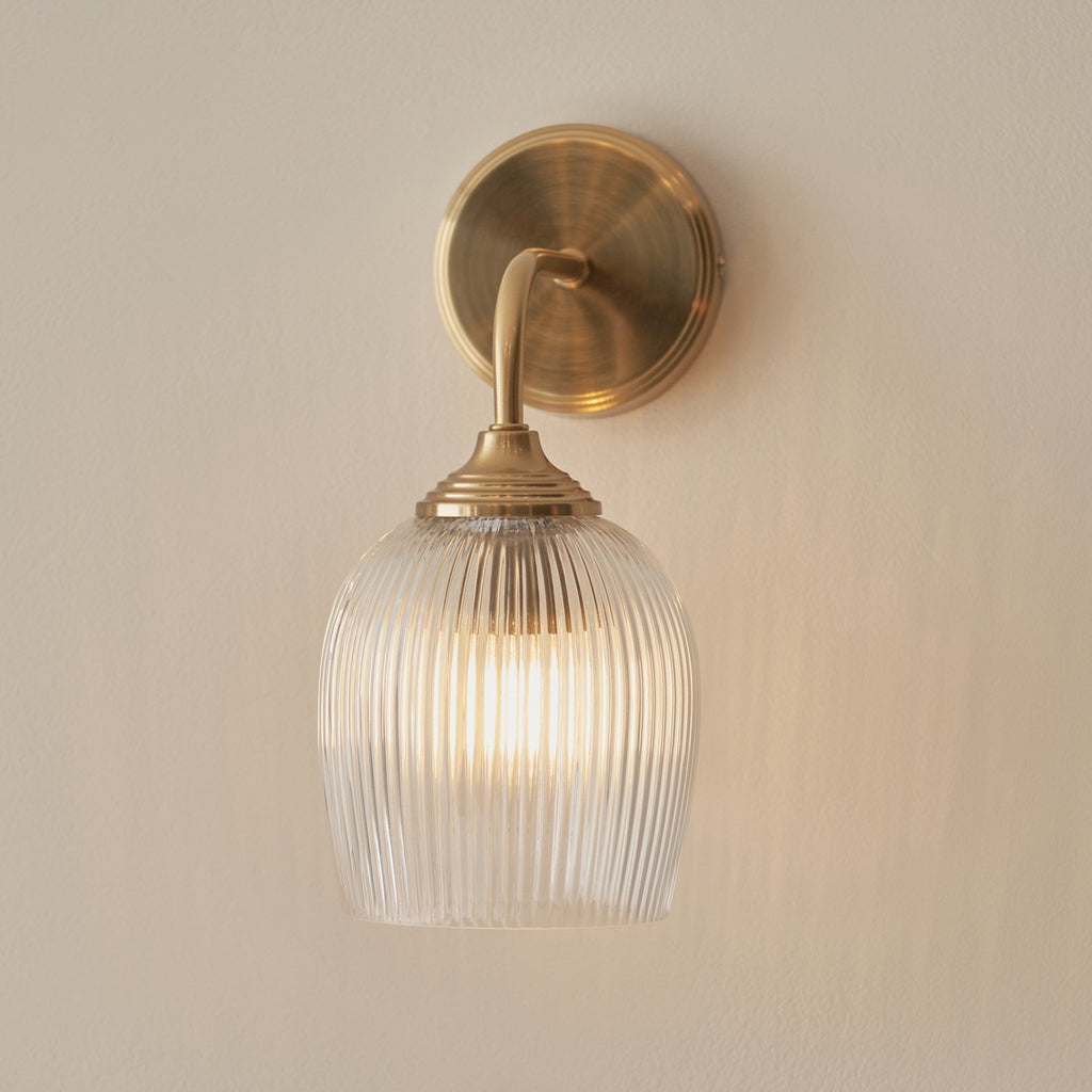 120627 Ashcroft Ribbed Wall Light Brushed Aged Brass Plate & Clear Ribbed Glass