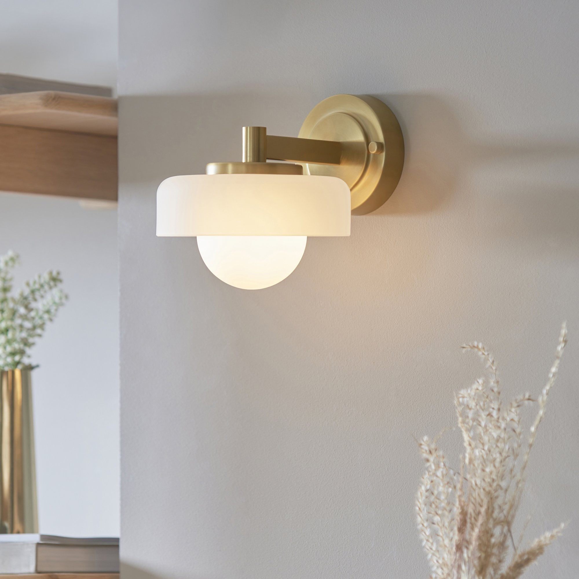 120630 Boss Wall Light Brushed Aged Brass Plate With Frosted & Opal Glass