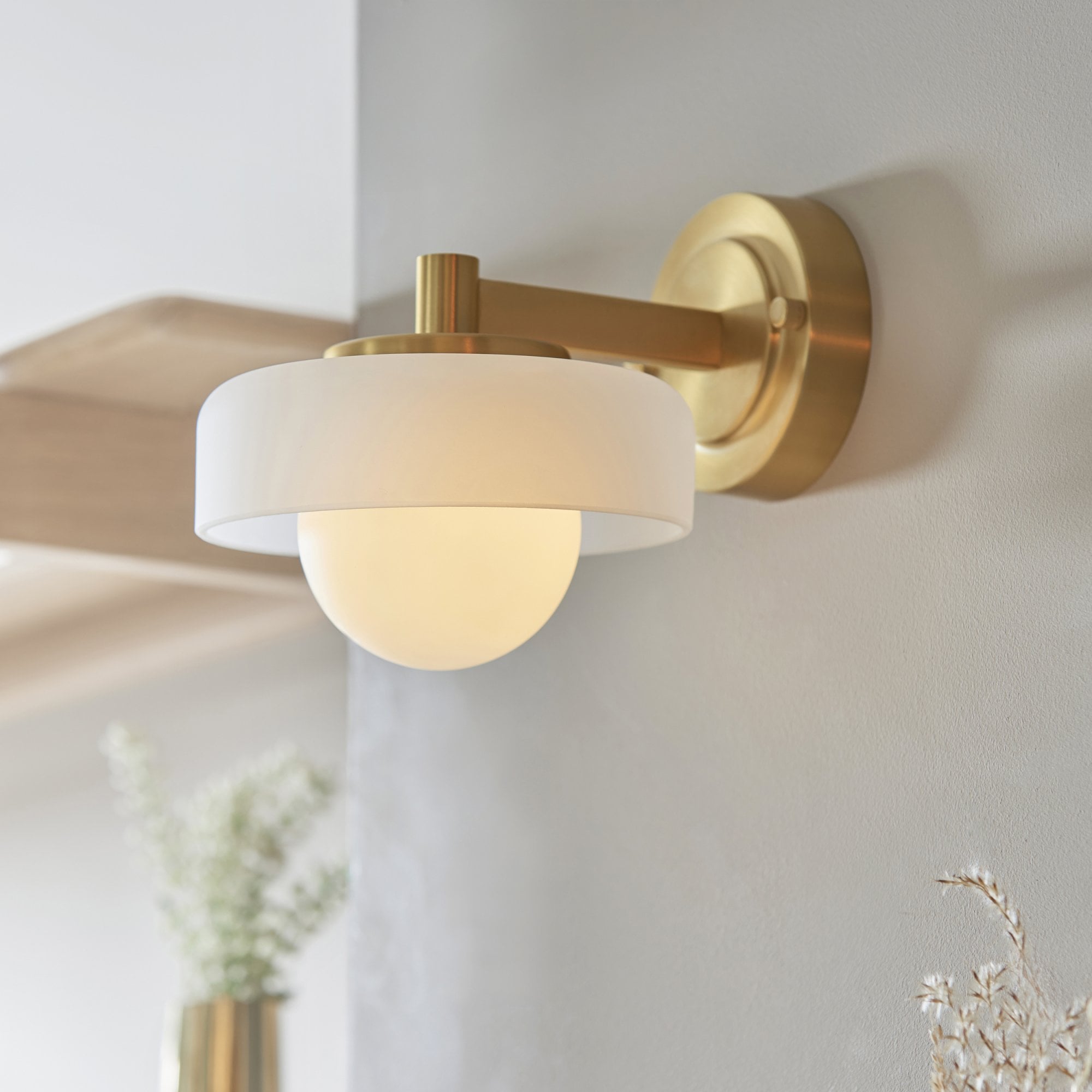 120630 Boss Wall Light Brushed Aged Brass Plate With Frosted & Opal Glass