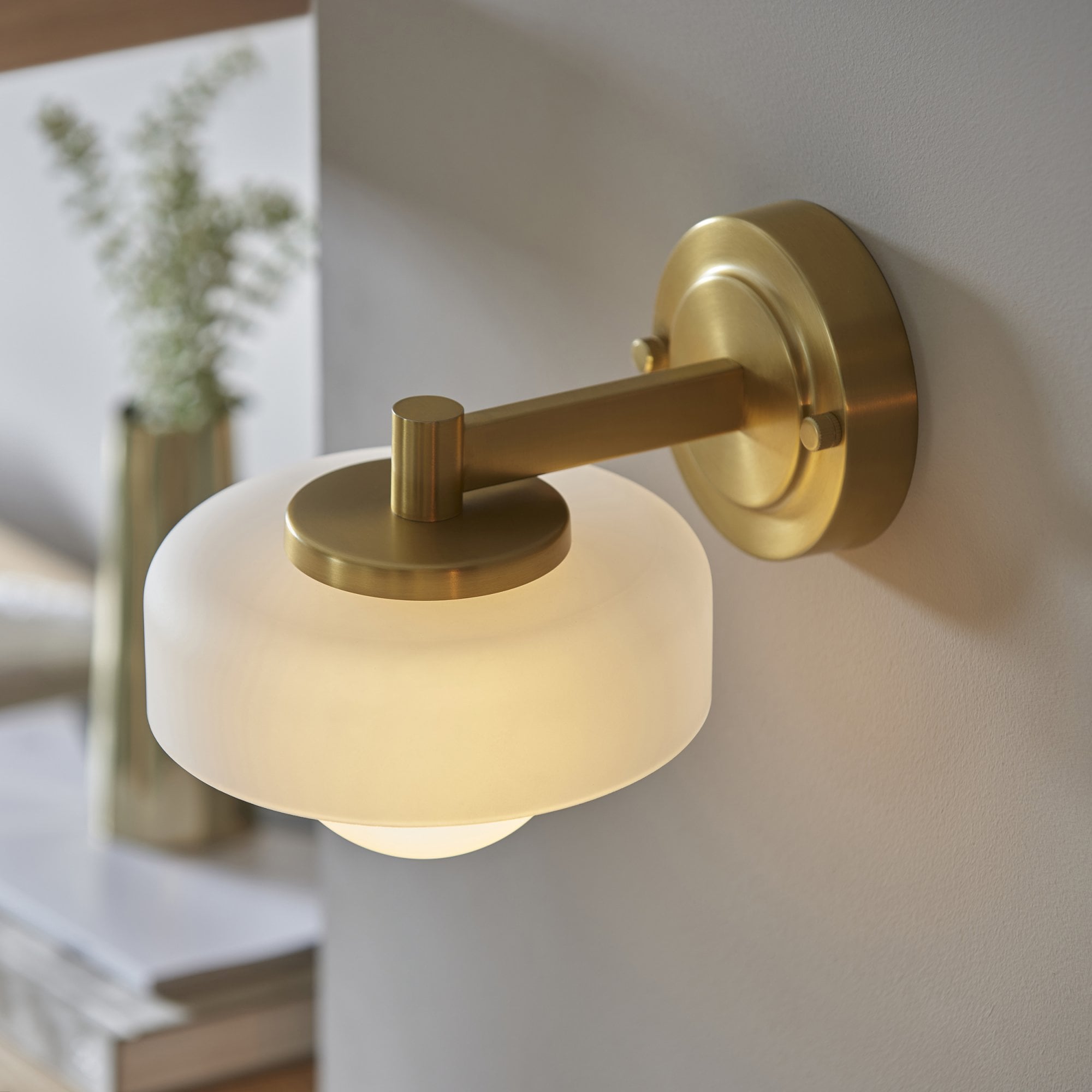 120630 Boss Wall Light Brushed Aged Brass Plate With Frosted & Opal Glass