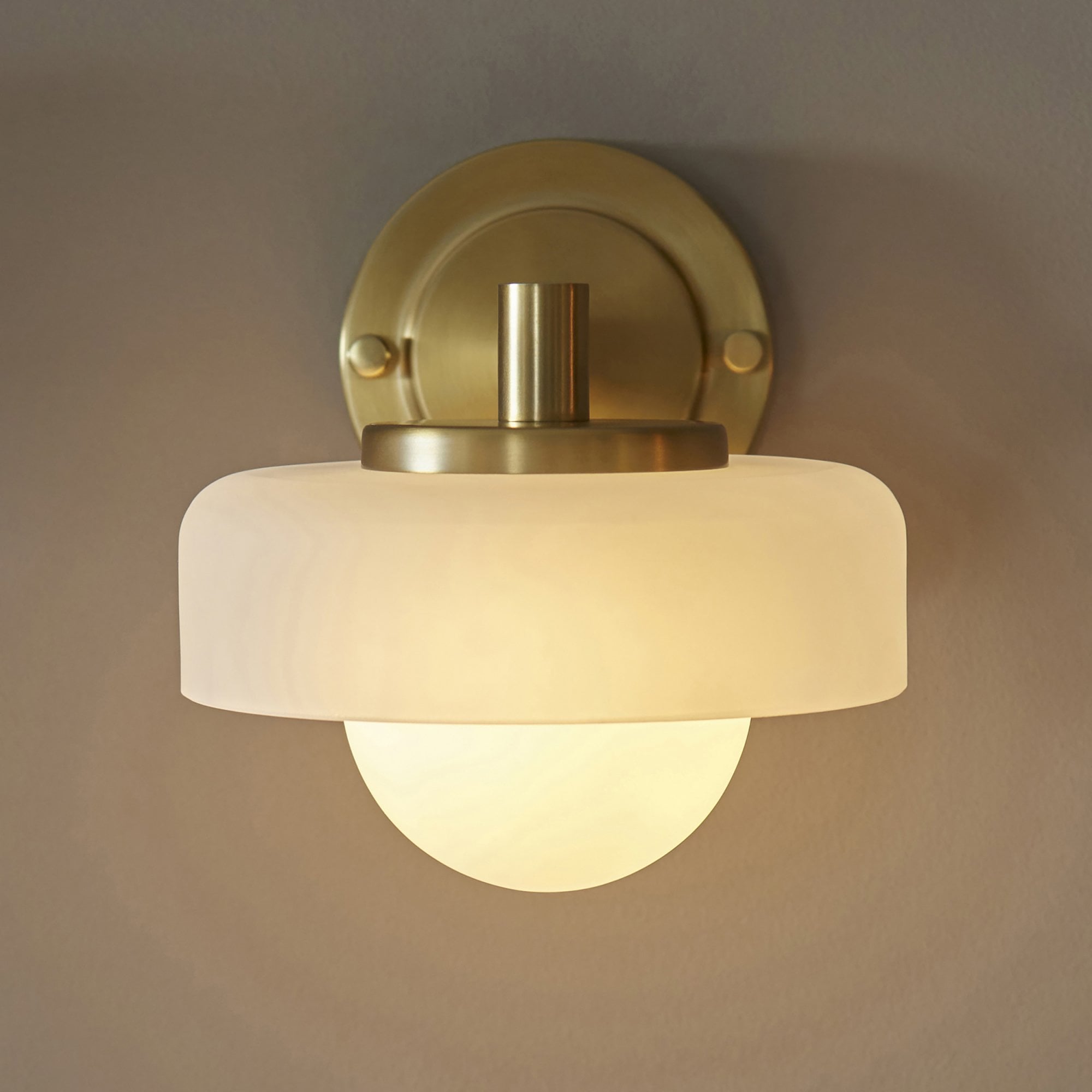 120630 Boss Wall Light Brushed Aged Brass Plate With Frosted & Opal Glass