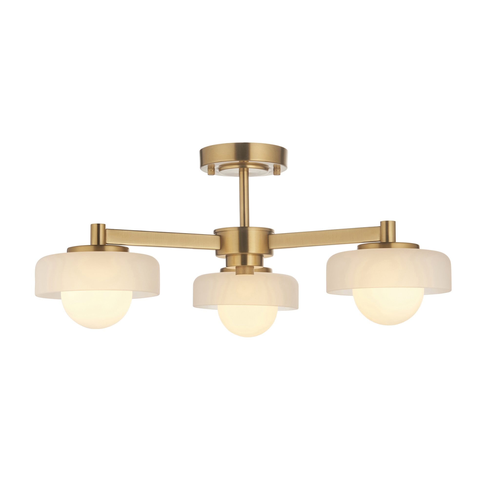 120631 Boss 3 Light Semi Flush Ceiling Light Brushed Aged Brass Plate With Frosted & Opal Glass