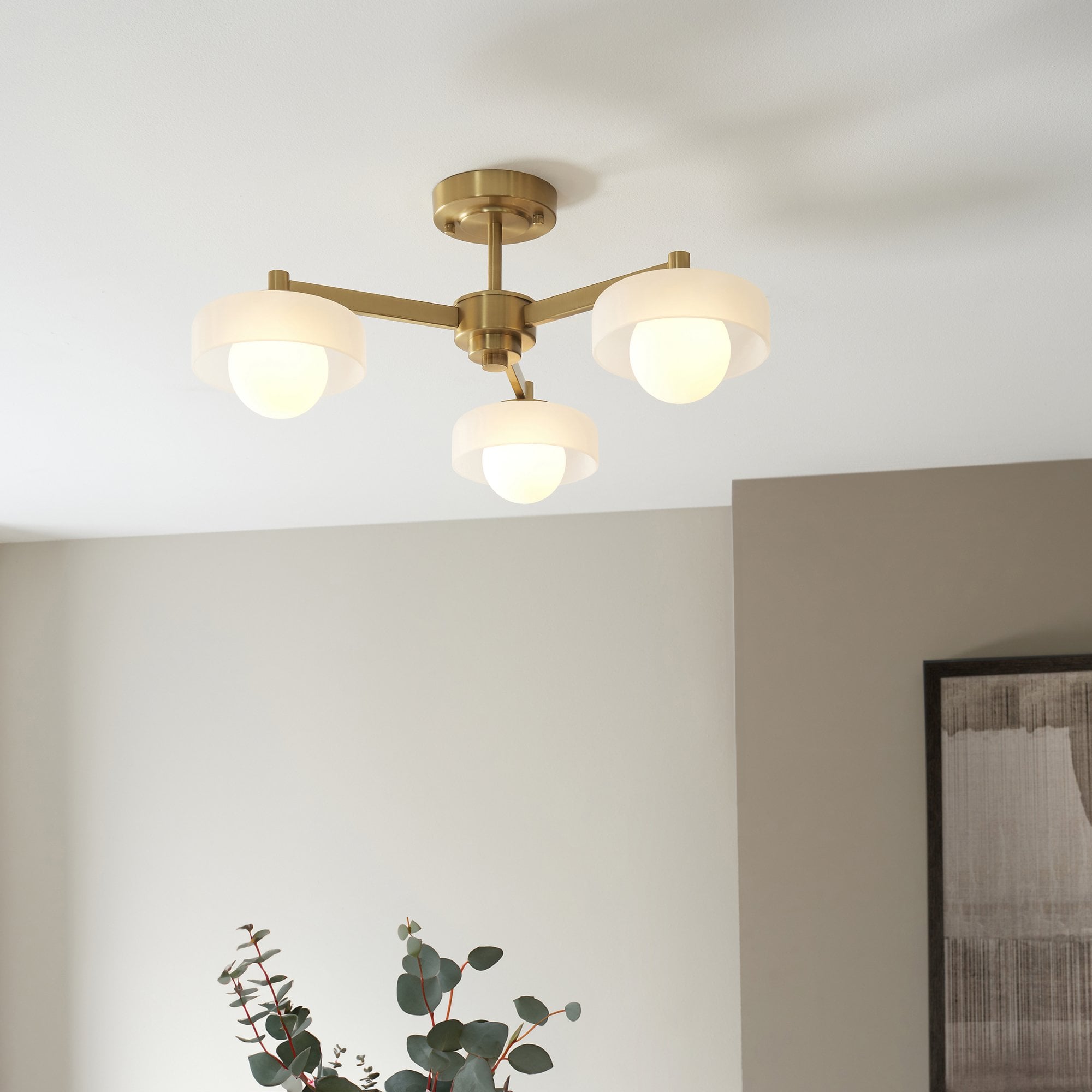 120631 Boss 3 Light Semi Flush Ceiling Light Brushed Aged Brass Plate With Frosted & Opal Glass