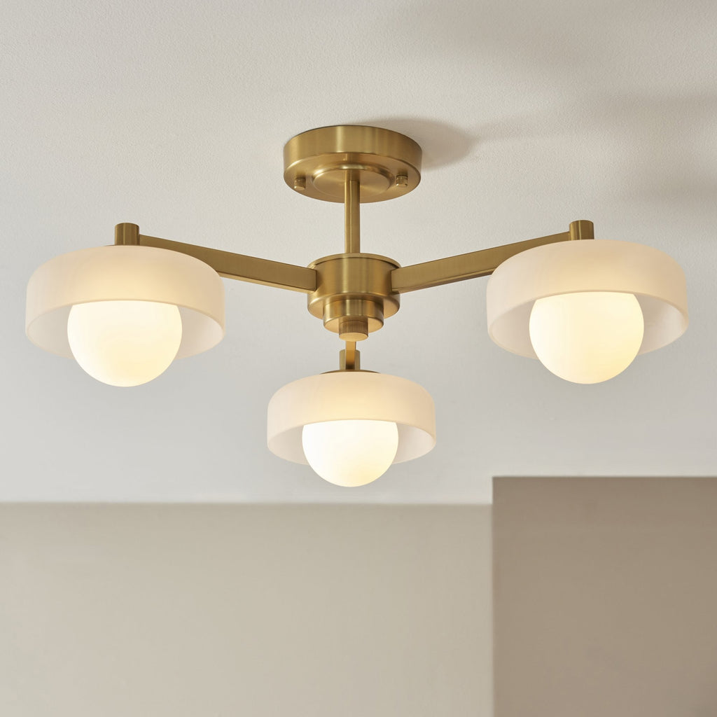 120631 Boss 3 Light Semi Flush Ceiling Light Brushed Aged Brass Plate With Frosted & Opal Glass