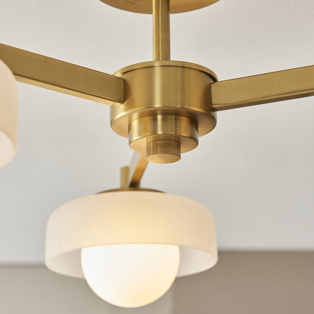 120631 Boss 3 Light Semi Flush Ceiling Light Brushed Aged Brass Plate With Frosted & Opal Glass