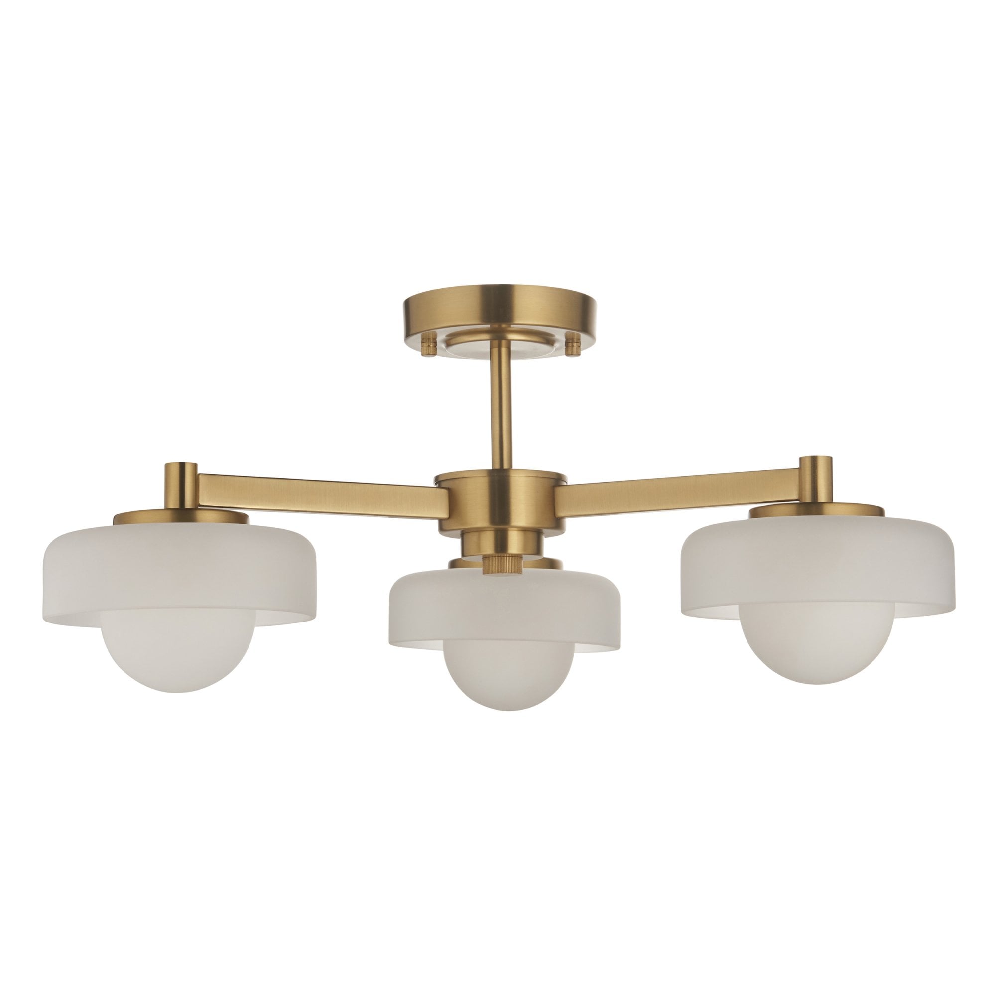 120631 Boss 3 Light Semi Flush Ceiling Light Brushed Aged Brass Plate With Frosted & Opal Glass
