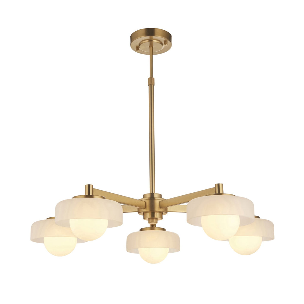 120632 Boss 5 Light Pendant Brushed Aged Brass Plate With Frosted & Opal Glass