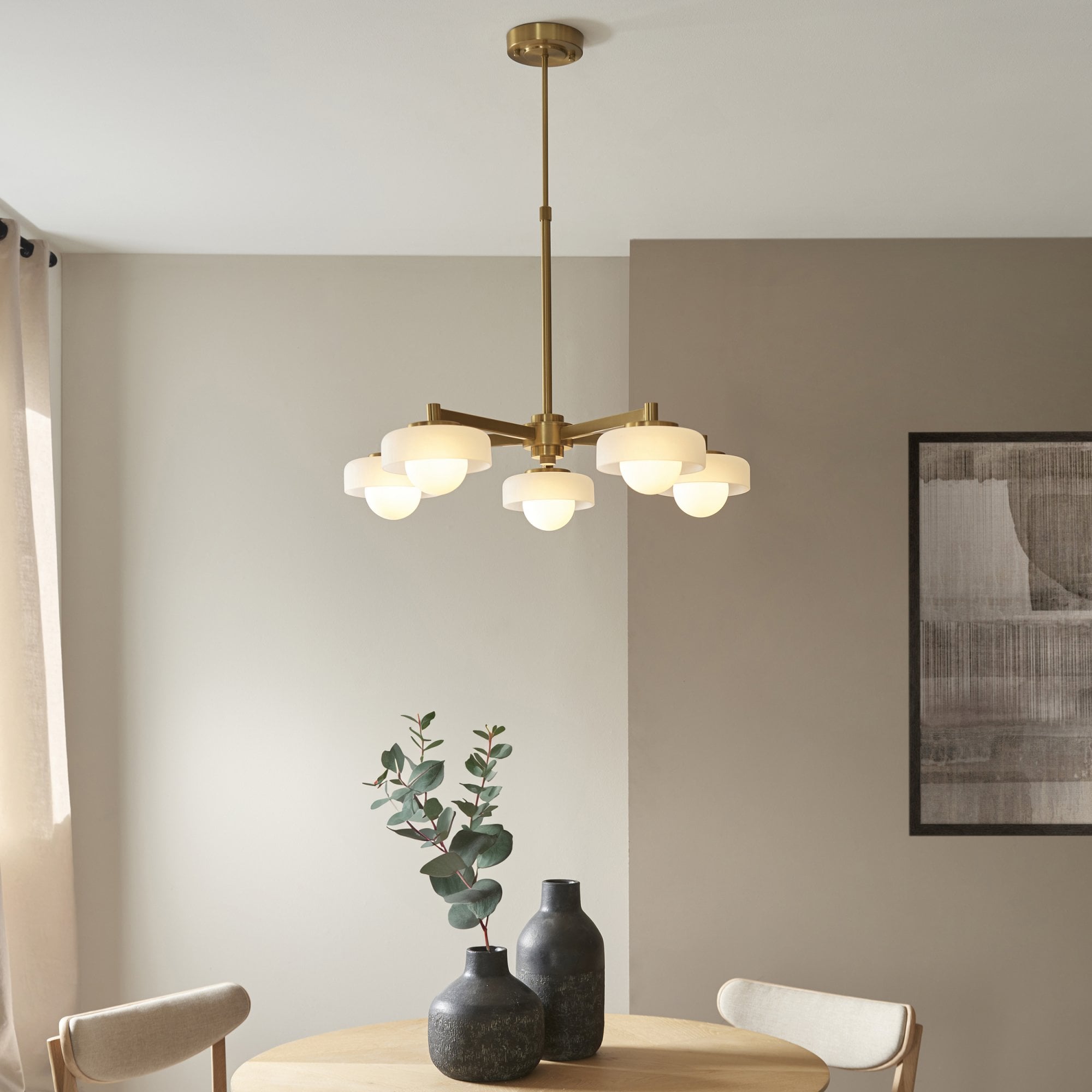 120632 Boss 5 Light Pendant Brushed Aged Brass Plate With Frosted & Opal Glass