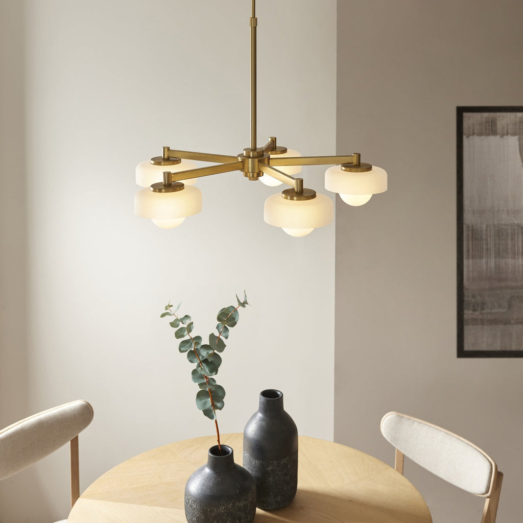 120632 Boss 5 Light Pendant Brushed Aged Brass Plate With Frosted & Opal Glass