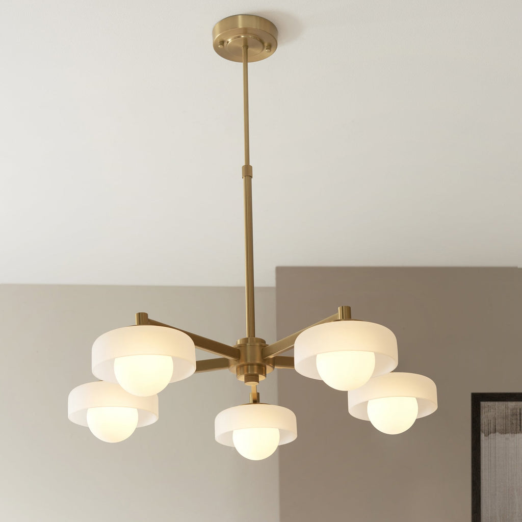 120632 Boss 5 Light Pendant Brushed Aged Brass Plate With Frosted & Opal Glass
