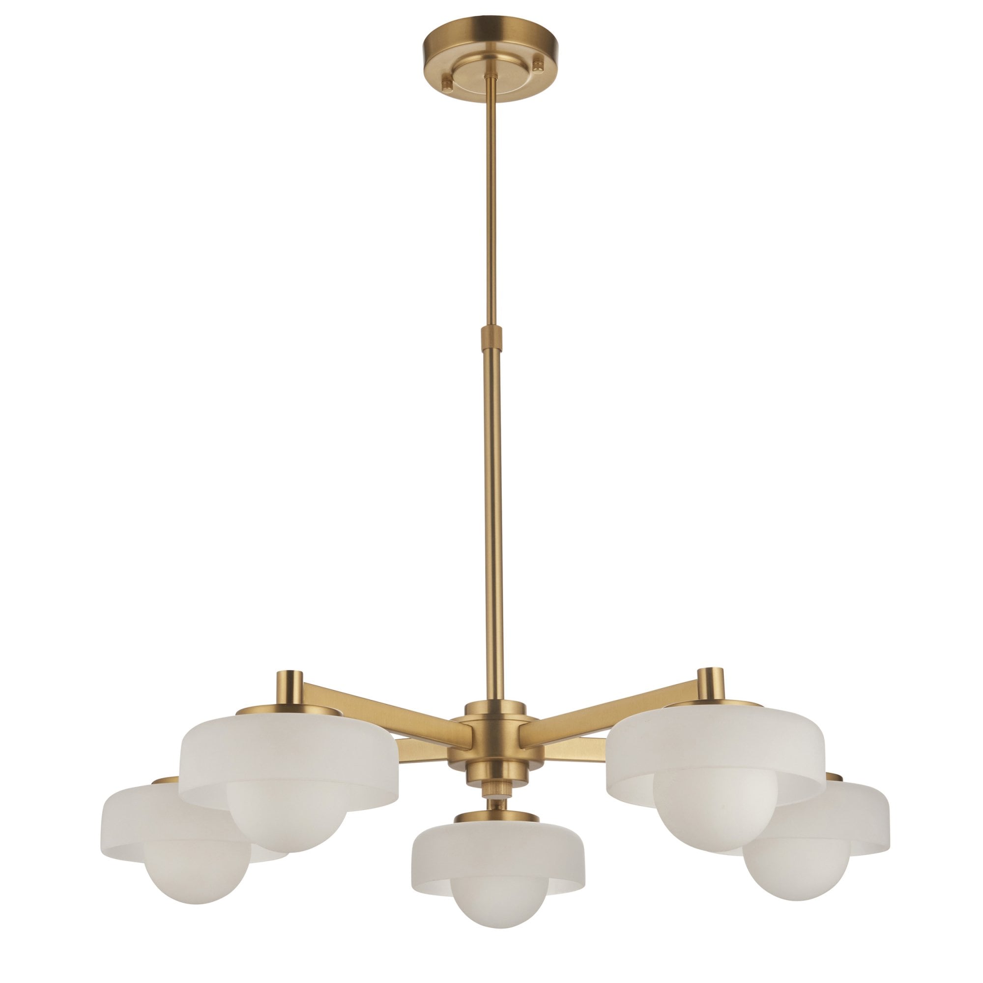 120632 Boss 5 Light Pendant Brushed Aged Brass Plate With Frosted & Opal Glass