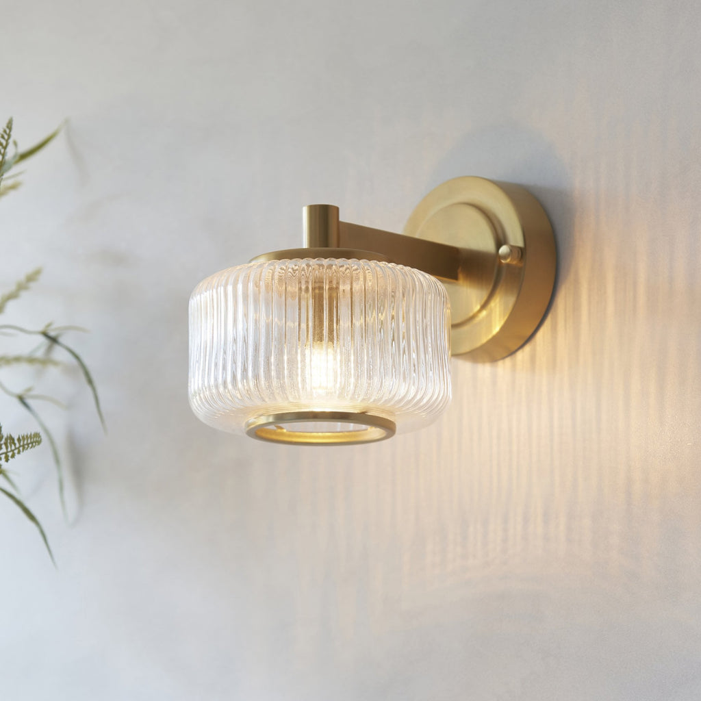 120633 Stamford Wall Light Brushed Aged Brass Plate & Clear Ribbed Glass