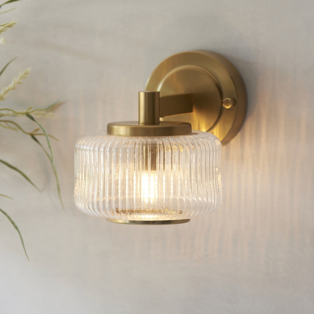120633 Stamford Wall Light Brushed Aged Brass Plate & Clear Ribbed Glass