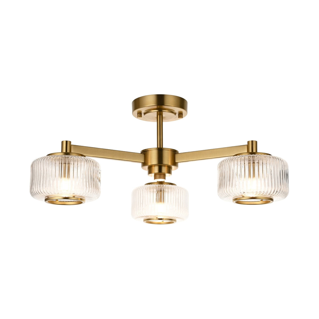 120634 Stamford 3 Light Semi Flush Ceiling Light Brushed Aged Brass Plate & Clear Ribbed Glass