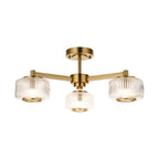 120634 Stamford 3 Light Semi Flush Ceiling Light Brushed Aged Brass Plate & Clear Ribbed Glass