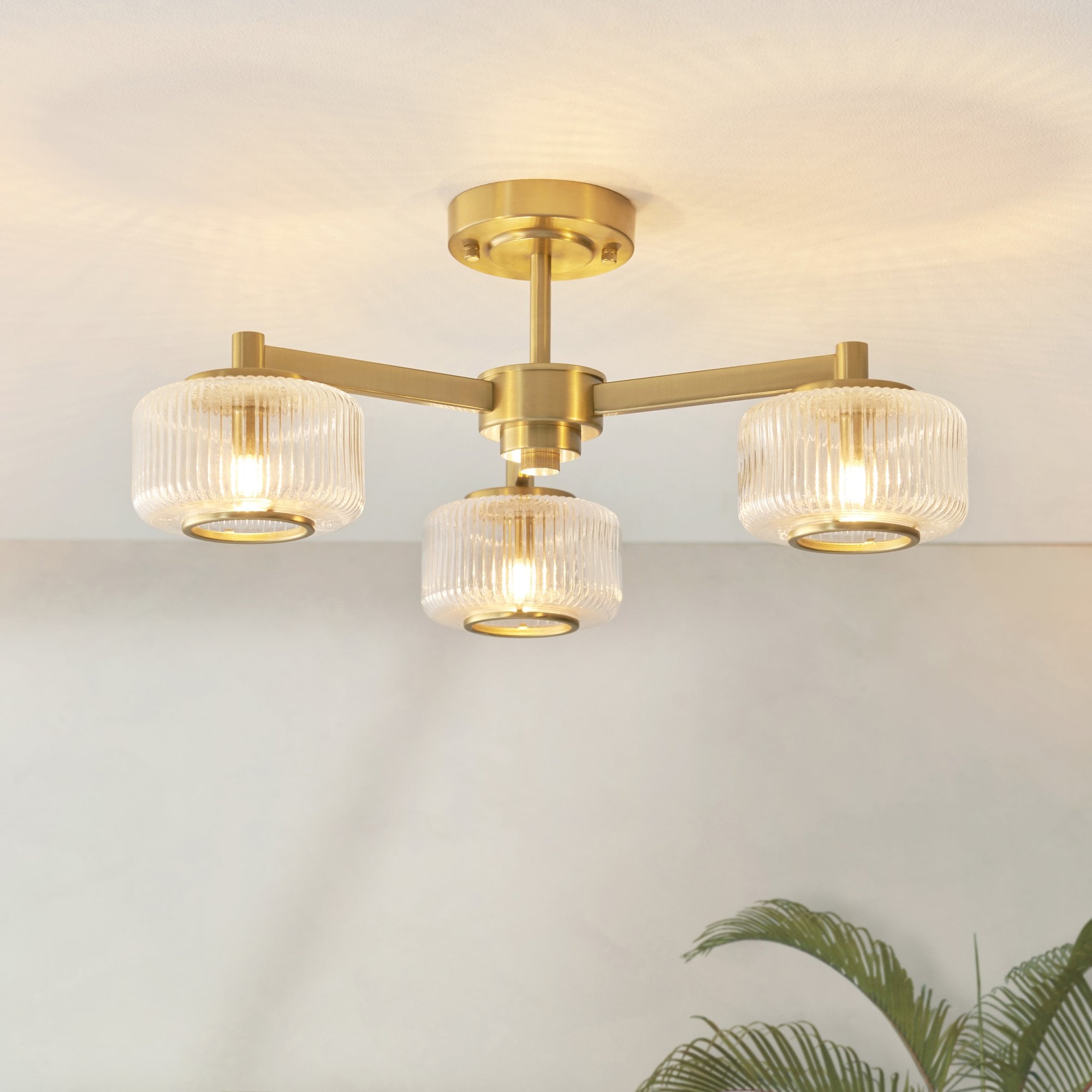 120634 Stamford 3 Light Semi Flush Ceiling Light Brushed Aged Brass Plate & Clear Ribbed Glass