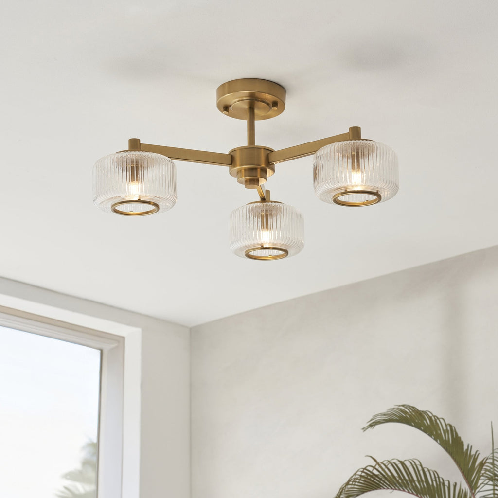 120634 Stamford 3 Light Semi Flush Ceiling Light Brushed Aged Brass Plate & Clear Ribbed Glass