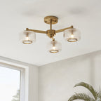 120634 Stamford 3 Light Semi Flush Ceiling Light Brushed Aged Brass Plate & Clear Ribbed Glass