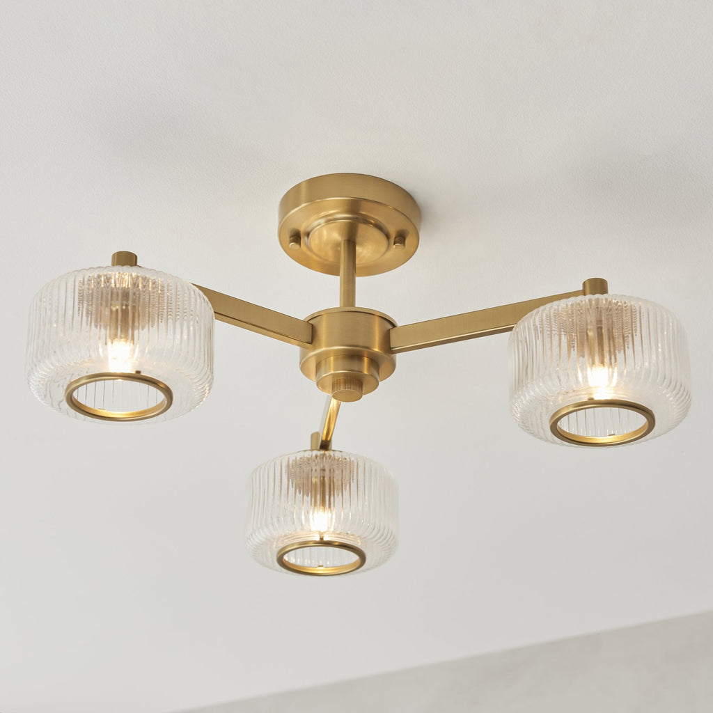 120634 Stamford 3 Light Semi Flush Ceiling Light Brushed Aged Brass Plate & Clear Ribbed Glass