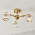 120634 Stamford 3 Light Semi Flush Ceiling Light Brushed Aged Brass Plate & Clear Ribbed Glass