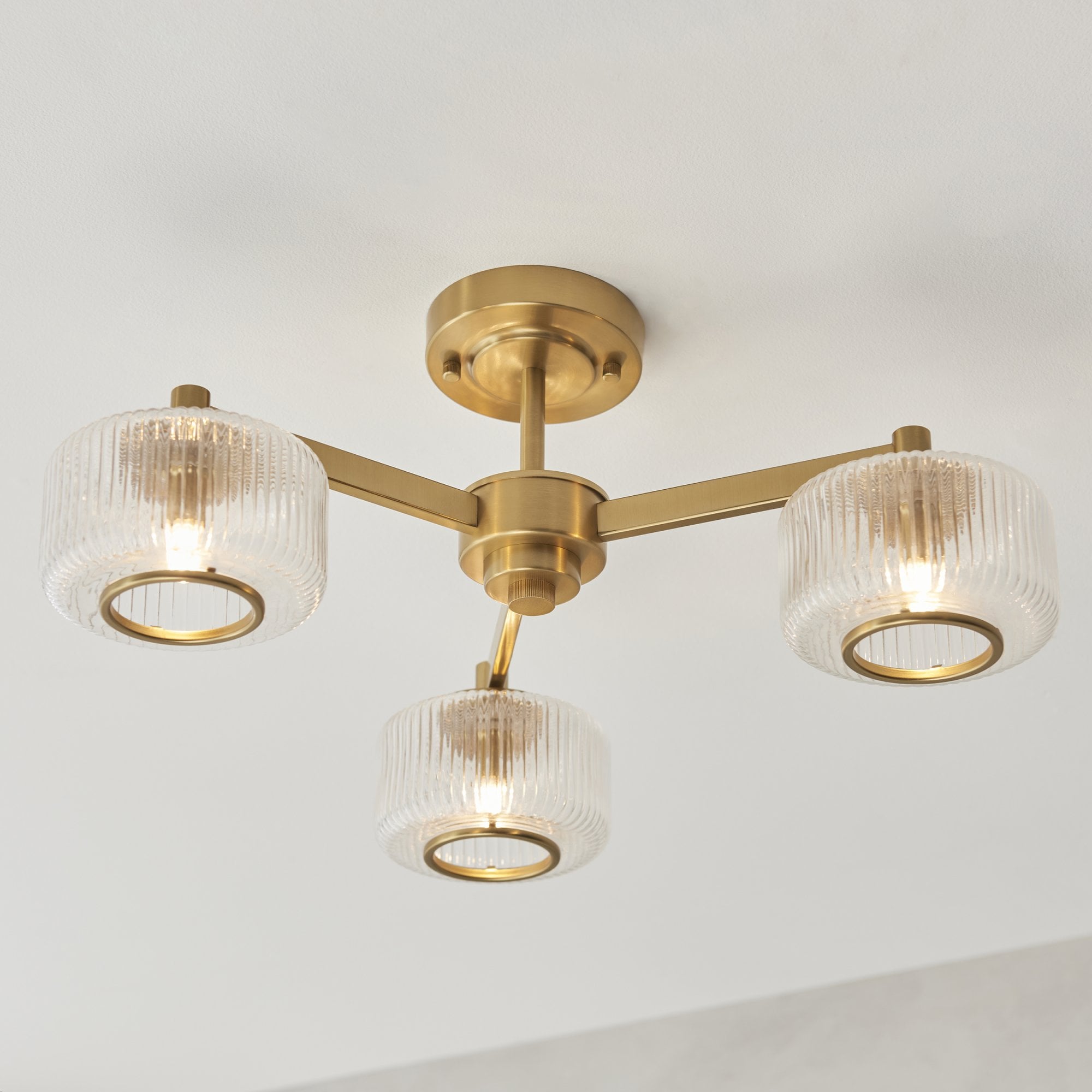 120634 Stamford 3 Light Semi Flush Ceiling Light Brushed Aged Brass Plate & Clear Ribbed Glass
