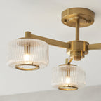 120634 Stamford 3 Light Semi Flush Ceiling Light Brushed Aged Brass Plate & Clear Ribbed Glass