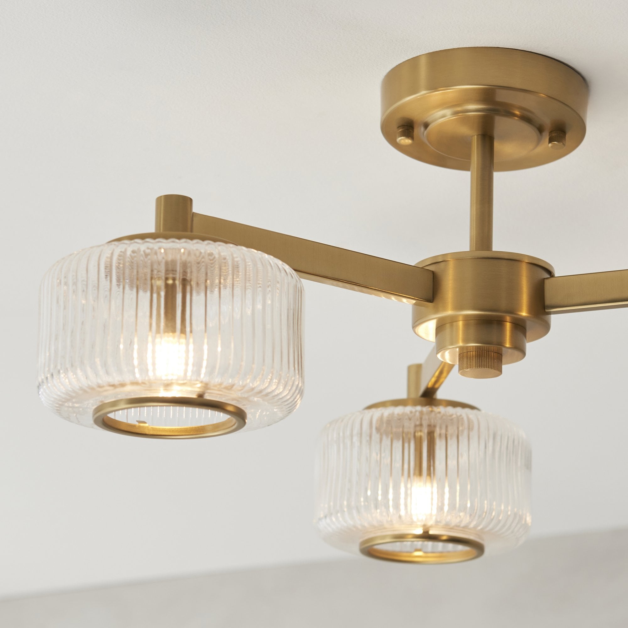 120634 Stamford 3 Light Semi Flush Ceiling Light Brushed Aged Brass Plate & Clear Ribbed Glass