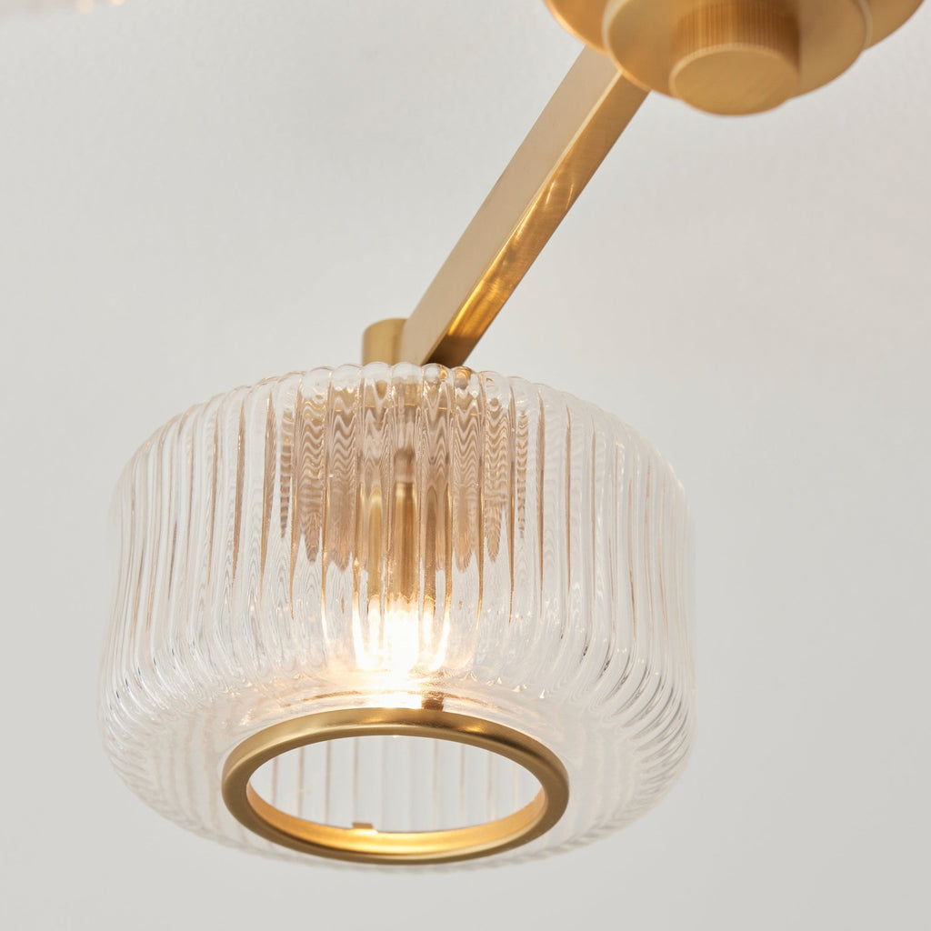 120634 Stamford 3 Light Semi Flush Ceiling Light Brushed Aged Brass Plate & Clear Ribbed Glass