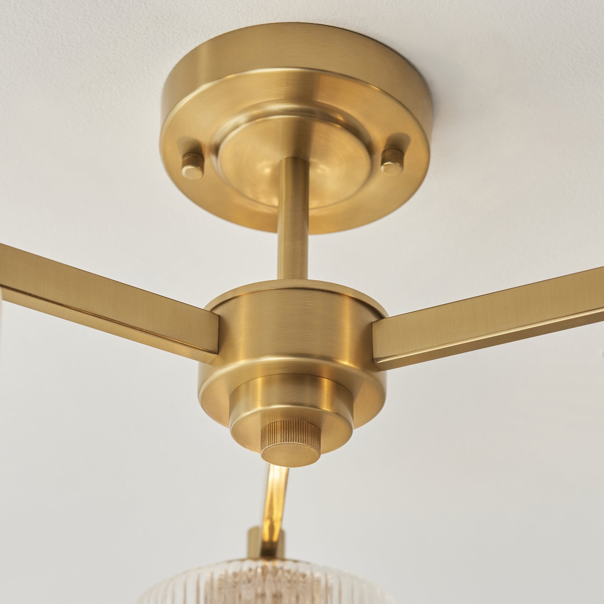 120634 Stamford 3 Light Semi Flush Ceiling Light Brushed Aged Brass Plate & Clear Ribbed Glass