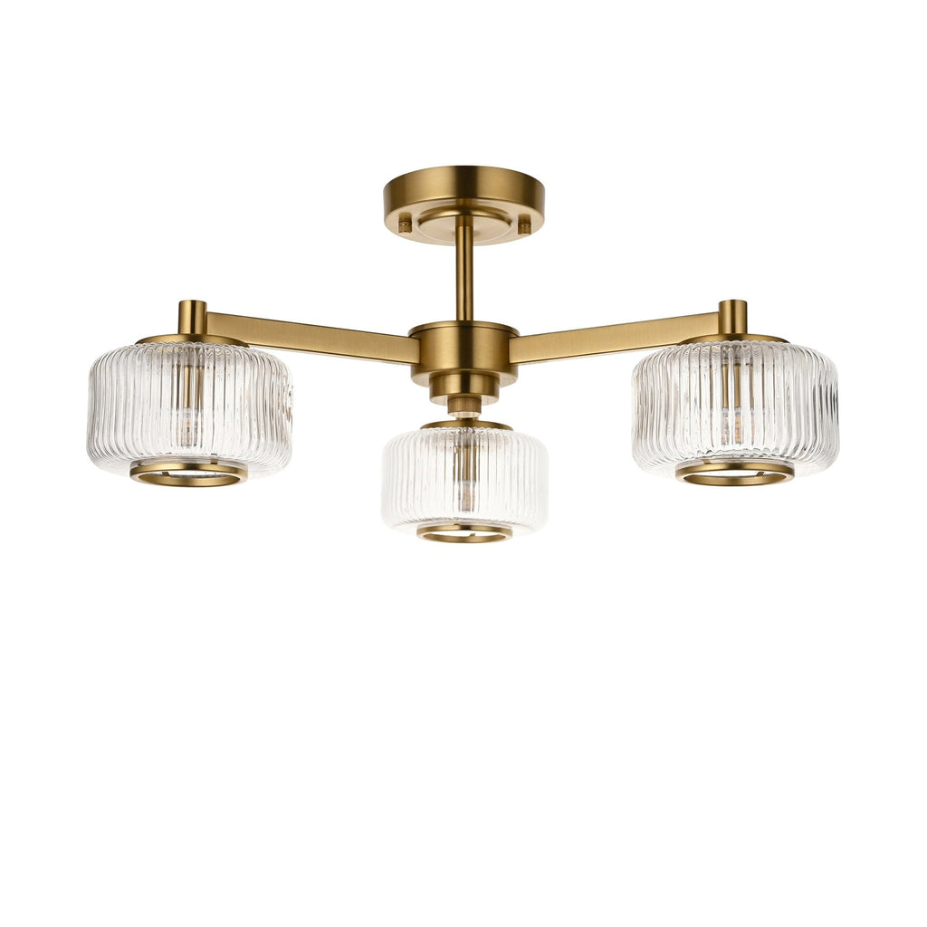 120634 Stamford 3 Light Semi Flush Ceiling Light Brushed Aged Brass Plate & Clear Ribbed Glass