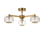 120634 Stamford 3 Light Semi Flush Ceiling Light Brushed Aged Brass Plate & Clear Ribbed Glass