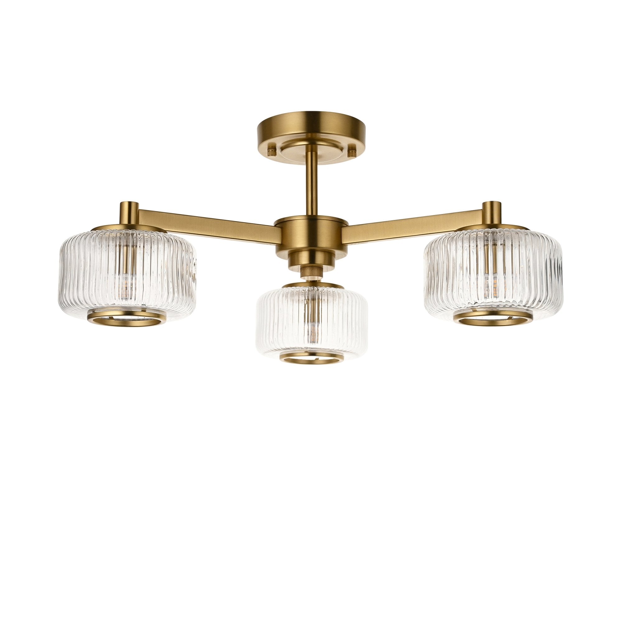 120634 Stamford 3 Light Semi Flush Ceiling Light Brushed Aged Brass Plate & Clear Ribbed Glass