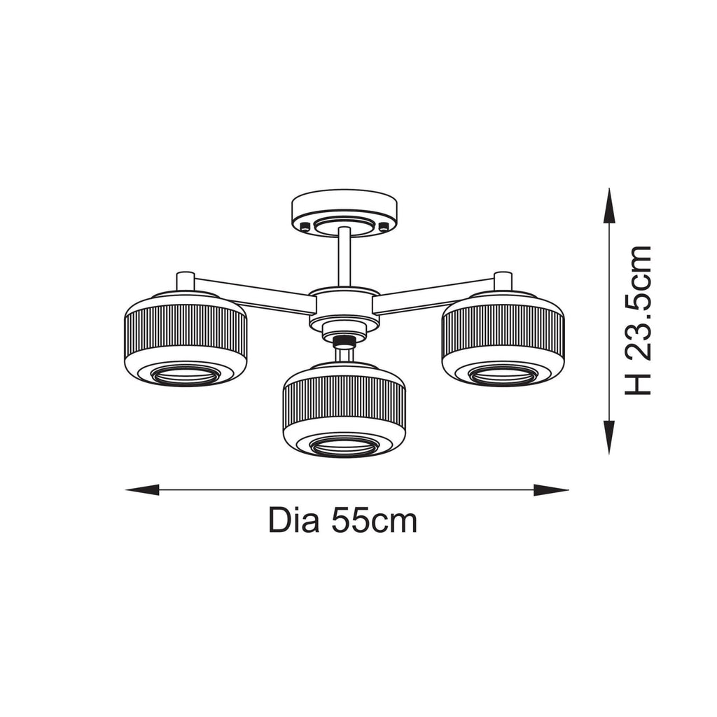 120634 Stamford 3 Light Semi Flush Ceiling Light Brushed Aged Brass Plate & Clear Ribbed Glass