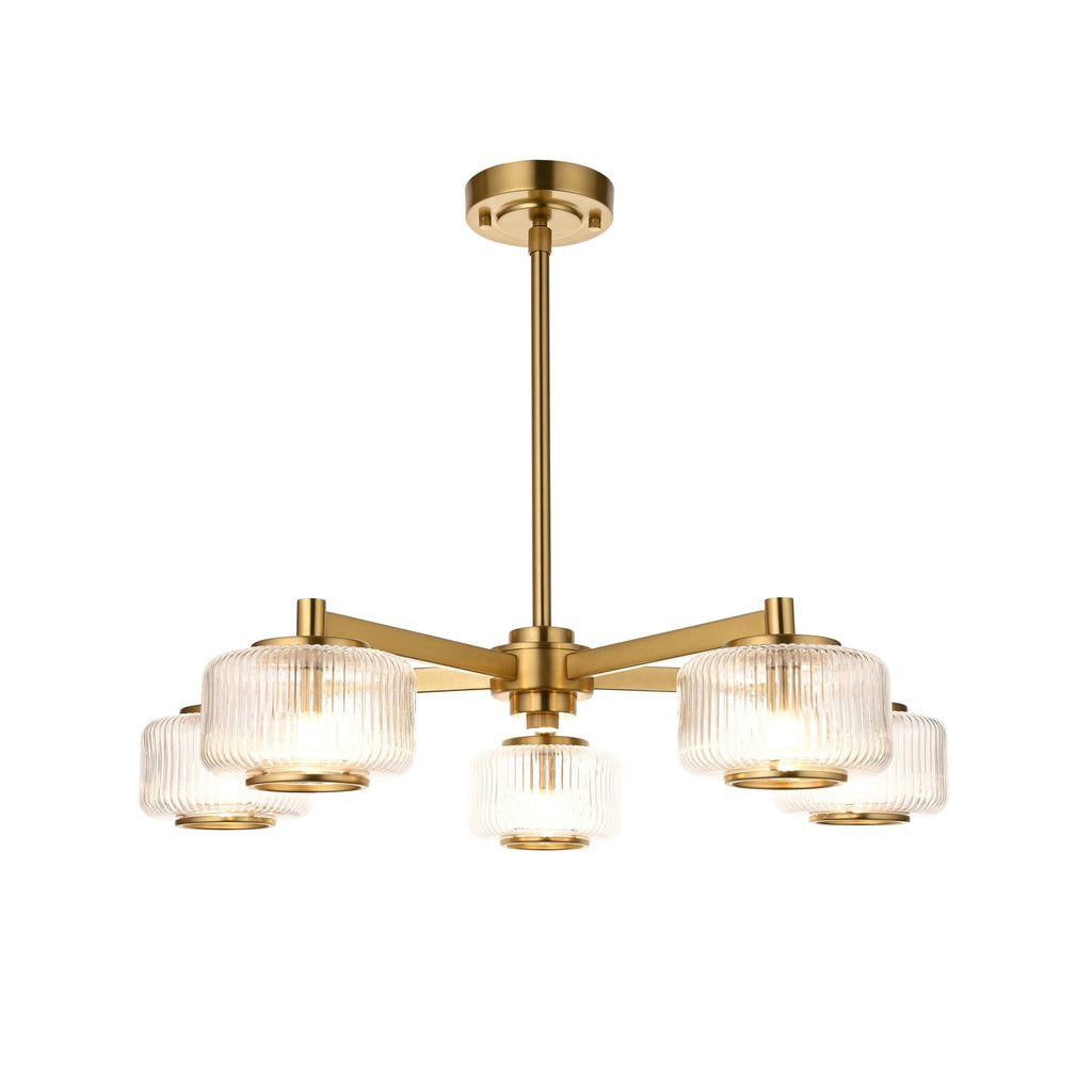 120635 Stamford 5 Light Pendant Brushed Aged Brass Plate & Clear Ribbed Glass