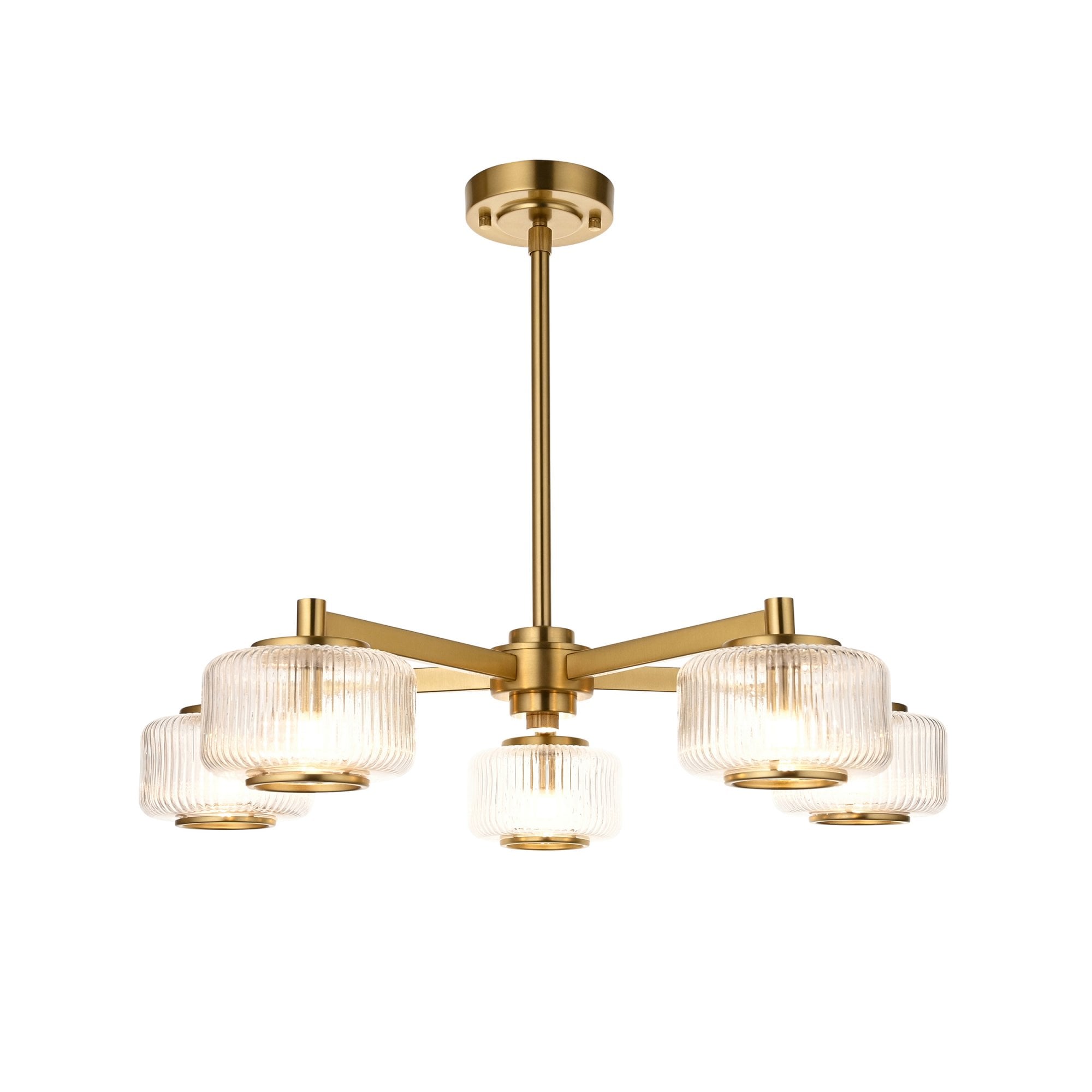 120635 Stamford 5 Light Pendant Brushed Aged Brass Plate & Clear Ribbed Glass