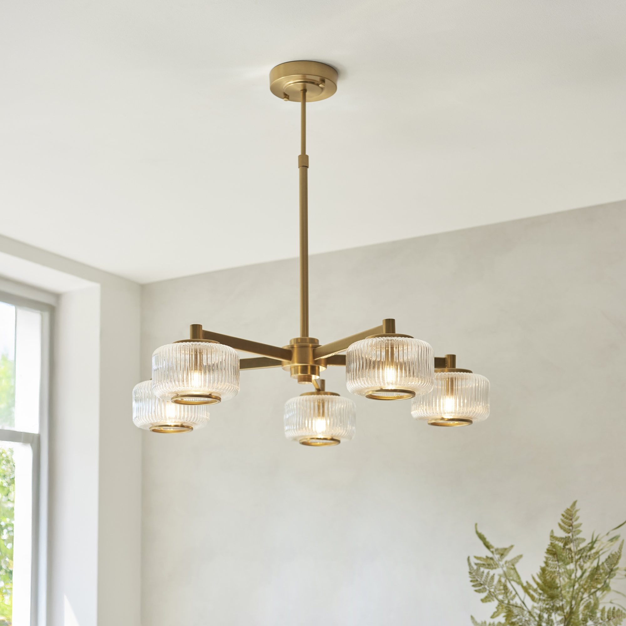120635 Stamford 5 Light Pendant Brushed Aged Brass Plate & Clear Ribbed Glass